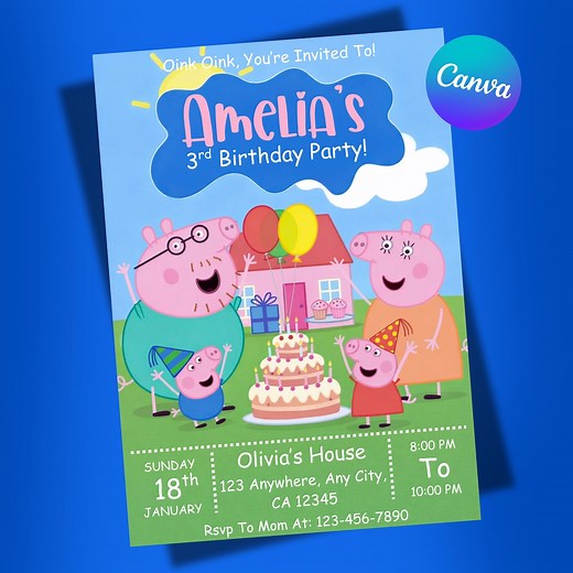 Editable Peppa Pig Birthday Invitation: Kids Birthday Party Invite, Personalized Canva Template, Digital Download - Etsy