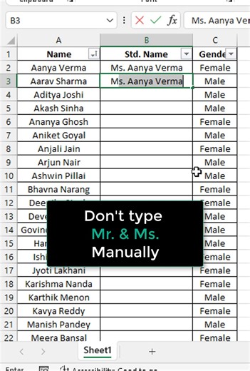 Don't type Mr. & Ms. like this instead use this amazing formula💪 #exceltricks #exceltips | Mukul Jain