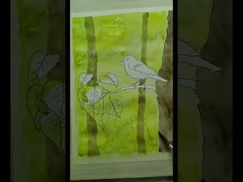 Watercolor painting tutorial: A bird sitting on a tree branch.