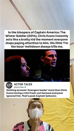 In the bloopers of Captain America: The Winter Soldier (2014), Chris Evans instantly acts like a