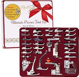 Madam Sew Presser Foot Set 32 PC Set | The ONLY Sewing Machine Presser Foot Kit with Manual & Deluxe Storage Case | Numbered Slots for Organization | Compatible with Most Brother Sewing Machine Feet