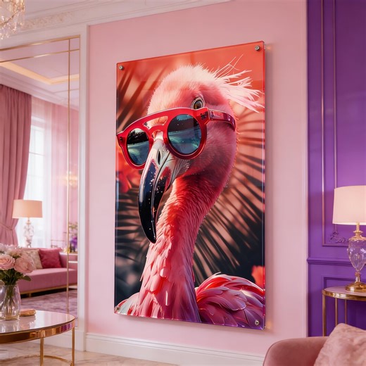 Pink Flamingo Wall Art, Tropical Bird Glass Wall Decor, Coastal Wall Art, Beach House Decor, Modern Animal Wall Art, Flamingo With Sunglass - Etsy
