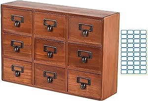 Wooden Vintage Apothecary Cabinet with 9 Drawer & Label Paper Card Catalog Cabinet Tabletop Drawer Organizer Rustic Herb Storage Box with Drawers Home Office & Tea & Dresser Bedroom Organization