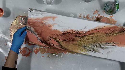 Peach and gold mixed media acrylic pour painting