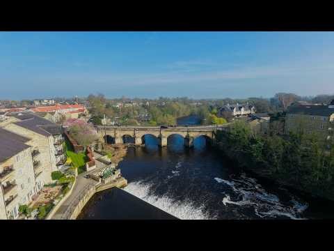 Aerial Drone View of Wetherby Bridge over River Wharfe, West Yorkshire, England