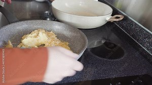 Time lapse. Cooking breakfast burritos with fresh vegetables, eggs, and bacon in flour tortillas.