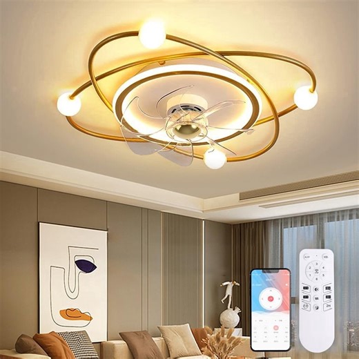 RRBEST Modern Ceiling Fan with Lighting, 58 Cm Dimmable LED Ceiling Lamp with Fan, 48 W Timer Ceiling Fan with Lamp for Living Room or Dining Room (gold)