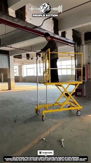Construction People Raising Mobile Work Platform During Indoor Maintenance Action