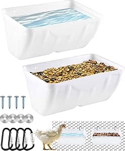 Chicken Feeders Trough, 2 Pack, Poultry Feeders and Waterers, Hanging Goat Feeder, Livestock Fence Feeder, Feed Trough and Waterer Bucket with Clips, White