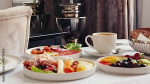 Luxury hotel and five star room service, various food platters, bread and coffee as in-room breakfast for travel and hospitality. High quality 4k footage Stock Video