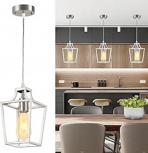 Pendant Light for Kitchen Island Brushed Nickel Lantern Pendant Hanging Light Fixtures with E26 Bulb Base, Adjustable Height Lantern Pendant Lighting for Dining Room Kitchen Foyer Bedroom