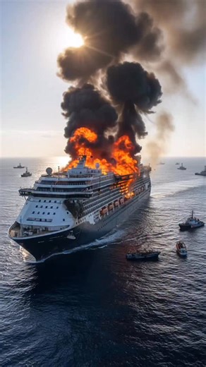 39K views · 623 reactions | Cruise liner bursts into flames in the port A massive cruise ship suddenly caught fire right at the dock — tugboats rushed in and pulled it away from shore as firefighters attacked the blaze. Huge smoke clouds, alarms, panic — looks straight out of a disaster movie, but it’s real life. Passengers stunned, port on full alert.  #wow #ai #fail #really #crash #ship #cruiseliner #sea #ocean #fire #yacht #pier #port #epicscene | The.worldai | Facebook
