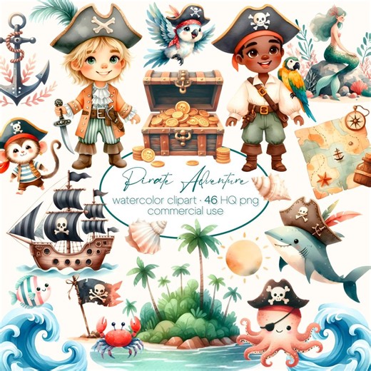 Pirate Adventure Watercolor Clipart Set, Cute Nautical Themed Illustrations, Pirate Boys, Treasure, Ship & Sea Creatures, Commercial Use - Etsy New Zealand