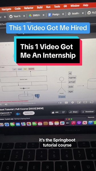 This one video perfectly taught me how to build a full stack application with SpringBoot and Postgres SQL. This tech stack perfectly aligned with my current job! #coding #softwareengineer #dev #programming #codingprojects #codingtutorial #fullstack #springboot #techjobs #programmer