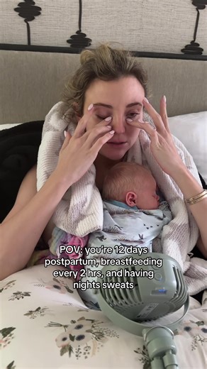 this is the current setup 🤣 room is a disaster, have a fan directly on me, and a baby on my chest. I might be exhausted but these are the days! #postpartum #breastfeeding #nightsweats #momlife