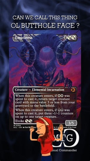 111K views · 880 reactions | Butt what do you think of this card design? - MTG Casual Commander #mtg #memes #emptiness #cornholio I want to think about the actual card design, but the giant butthole in the middle of this thing's head is very distracting... What do you think about Emptiness coming in Lorwyn Eclipsed? #mtgcasualcommander ,#magicthegathering ,#lorwyneclipsed ,#beavisandbutthead ,#mtgcards ,#funny ,#silly ,#meme ,#mtgmemes ,#hilarious ,#viral | MTG Casual Commander | Facebook