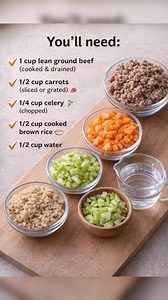 Beef and Carrot Delight for Dogs Ingredients: - 1 cup lean ground beef (cooked, drained) - 1/2 cup carrots (sliced or grated) - 1/4 cup celery (chopped) - 1/2 cup cooked brown rice - 1/2 cup water Directions: 1. In a pan, cook the ground beef over medium heat until fully browned. Drain any excess fat. 2. Add the sliced carrots, chopped celery, and water to the pan. Simmer for 5-7 minutes, or until the vegetables are tender. 3. Stir in the cooked brown rice and mix well to combine all ingredients