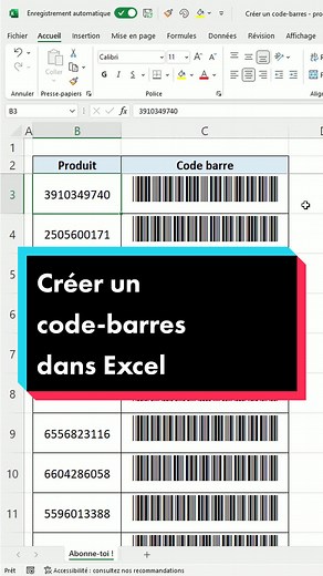 Tu savais qu’il était possible de créer des code-barres dans Excel ? Pour ça, il te suffit de suivre ces quelques étapes très simples : 1- Ecris ton texte entre “*” (n’oublie pas d’ajouter le symbole & pour pouvoir joindre tes différents éléments) 2- Sélectionne la police Ccode39 (que tu peux télécharger gratuitement sur internet) 3- Déroule tes formules Et le tour est joué ! Tu peux scanner ces code-barres avec n’importe quelle douchette, et même avec ton téléphone (si si ça marche !) Dis-moi d