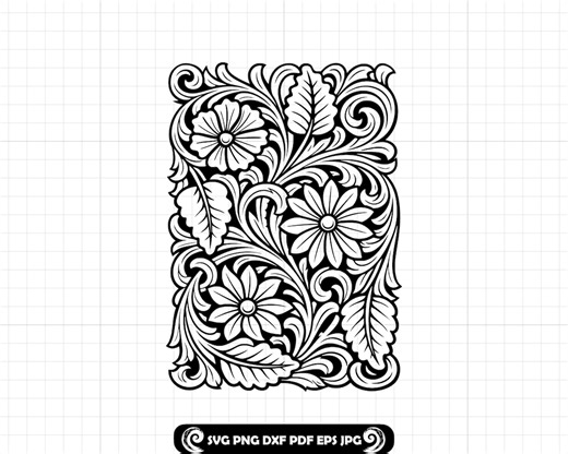 Tooled Leather SVG PNG DXF, Leather Tooling Pattern, Western Flower Floral Carving Design, Tumbler Wrap, Cut File Cricut Silhouette #190 - Etsy UK
