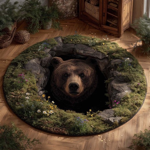 3D Bear Cave Round Rug, Wildlife Hole Illusion Carpet, Rustic Forest Animal Rug, Cabin Lodge Decor, Cozy Circle Floor Mat - Etsy