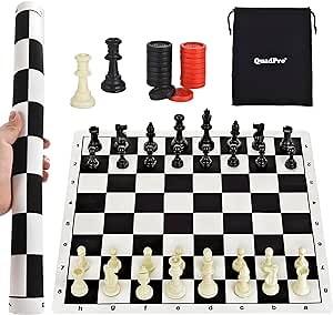 20" Portable Chess & Checkers Set, 2 in 1 Roll-up Travel Chess Board Game Set with 2 Extra Queens & 2 Extra Checker Pieces & Storage Bag for Kids and Adults