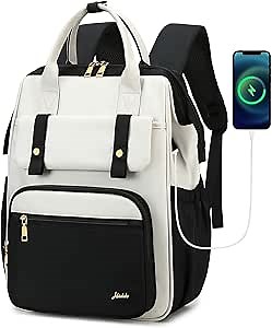 Hidds Laptop Backpack for Women 15.6 In Work Business Computer Bag School College Backpacks Commuter Back Pack Purse Girls Nursing Bookbag Womens Anti Theft Travel Daypack with USB Port - Black Beige