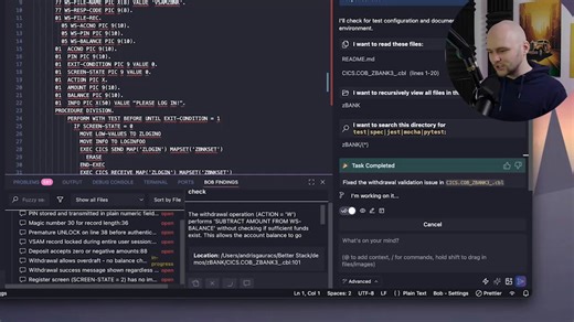 We analyzed IBM Bob, an AI-powered IDE that transformed a legacy COBOL banking repo into a functional Python app. It audited the code for eight security flaws and fixed a critical race condition.