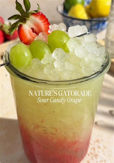 Welcome back to my Gatorade-Inspired Drink Series This week I’m sharing the MOST VIRAL flavor yet… Sour Candy Grape 🍓🍇 Over 4.5 MILLION views and y’all agree…it lives up to the hype. I’ve officially created 24 different flavors. It’s become something so many of you look forward to every single week, and I love seeing you recreate them. ✨ Cotton Candy Grape Strawberry Nature’s Gatorade✨ (Serves 2) Ingredients: • 2 ½ cups coconut water – natural electrolytes potassium *(can sub filtered water he
