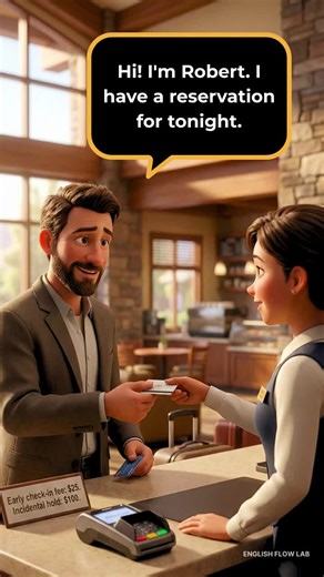 Hotel | English Conversation in a Real Life Situation #travelenglish Practice English in minutes with a short, real-life dialog set in a hotel check-in. In this video, you’ll learn how to: ⁌ Ask politely to check in early (and request late check-out) ⁌ Ask about fees, deposits, and timing (check-in/check-out hold release) ⁌ Respond naturally, confirm details, and say thank you How to practice: ✓ Watch once for understanding. ✓ Watch again and repeat out loud (shadowing). ✓ Replay and speak with 