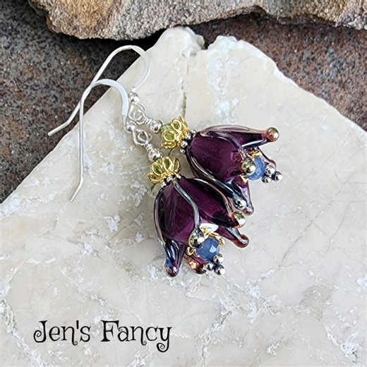 Tulip Floral Earrings Art Glass, Kyanite & Peridot Genuine Gemstone Jewelry, Sterling Silver, Gold Vermeil - Etsy