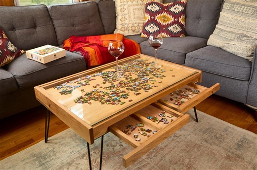 Rustic Puzzle Coffee Table With Removable Glass Top and Glass Storage Slot - Includes 2 Hidden Drawers - 24x36". 100% Made in the USA - Etsy