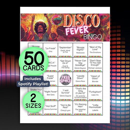 Music Bingo, Disco Fever Bingo Printable Game, Spotify Playlist Included, 50 Bingo Cards, Instant Download - Etsy