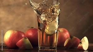 Super slow motion in a glass with apple juice falls a piece of apple with spray. On a brown background.Filmed on a high-speed camera at 1000 fps. Stock Video