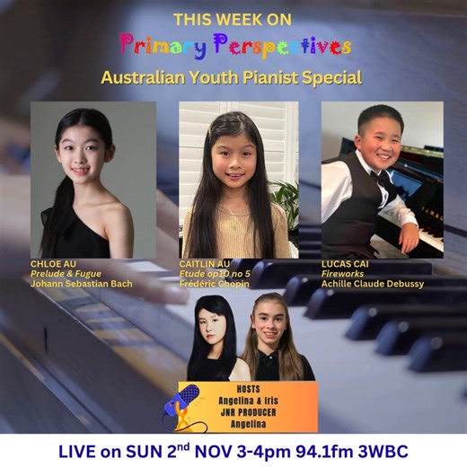 Enjoy a fabulous 2 hours of music and song today! Tune in Sun 2nd Nov 3-5pm AEDT on 94.1FM 3WBC for Angelia's first production as a media cadet - The Australian Youth Pianist Special featuring phenomenal young pianists: sisters Chloe & Caitlin Au and Lucas Cai. Followed by the Royal South Street Society Hour Vocal season episode 3, featuring stunning vocal performances from Sophie Kathryn Barton, Sahesi Kariyawasam, Elena Konikkos, and Sierra Adams! Tune in via 3wbc.org.au or via TuneIn https://