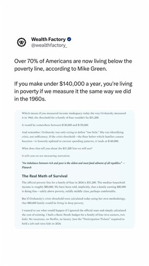 Over 70% of Americans are now living below the poverty line, according to Mike Green. If you make under $140,000 a year, you’re living in poverty if we measure it the same way we did in the 1960s. Do you agree? | Wealth Factory