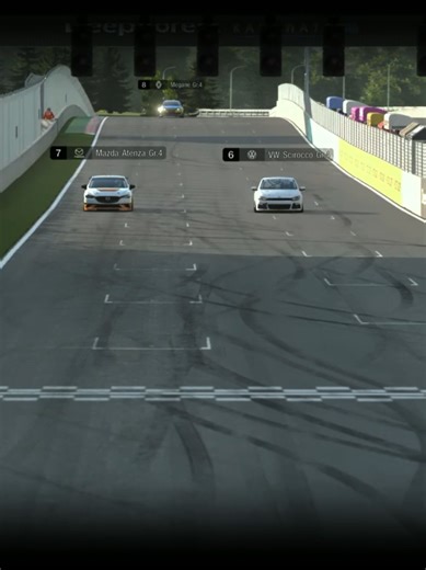 A photo finish at the Deep Forest Raceway. It was pointed out that I could've got a side draft by being next to the other car, but I didn't want to risk any kind of contact right at the end! #gt7 #mazda #race #forest #finish