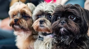 A group of small dogs sitting next to each other on a couch