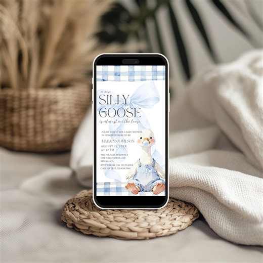 Silly Goose Boy Baby Shower Text Message Invitation | Blue Bow Goose Baby Shower Evite | A New Silly Goose is Almost on the Loose | Canva - Etsy