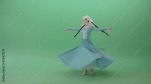 Iberian Colchis Woman spinning Georgian Perkhuli dance in blue dress isolated on Green Screen - 4K Video Footage