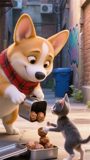 Corgi ’s Kind Heart : Cute Dog Shared His Meatballs with a Stray Kitten #animation #heartwarming