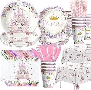 Princess Party Decorations Tableware - Princess Birthday Party Supplies Include Plates, Cups, Napkins, Tablecloth, Cutlery, Straw, Girl Birthday Baby Shower Party Decorations | Serve 24
