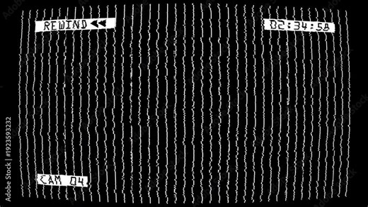 Retro VHS Surveillance Screen with Rewind Label, Distorted Grid Lines, and Timestamp Overlay