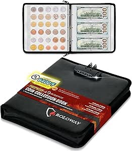 ROLOWAY Coin Collection Book 6400℉ Heat Insulated, 346 Pockets Fireproof Coin Book Holder and 36 Paper Currency Album with Aluminum Foil Layer, Money Saving Coin Collector Book with Lock (Black)