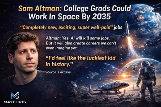 Akeem Ibrahim on Instagram: "Sam Altman says today’s college graduates could be working in space within the next 10 years and earning “super well-paid” salaries. At a time when Gen Z is questioning the value of degrees and struggling with career uncertainty, OpenAI CEO Sam Altman is offering a radically optimistic vision of the future. According to Altman, the next decade may become the most exciting time in human history to start a career. In a conversation with journalist Cleo Abram, Altman su