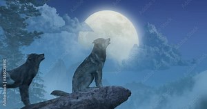 Animation featuring a pack of wolves that run to the edge of a cliff. The alpha sits down and howls at the moon, in front of a mountainous forest background.