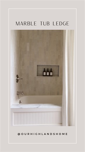 fena | diy + design on Instagram: "comment BATH to shop our kids bathroom makeover. i’ve been getting asked how we did the kids marble bath ledge. this was a fairly simple project that totally elevated the space and made the tub look way more expensive. the marble and tub are sealed w silicone. all bath tile is from floor and decor. flooring is linked . . . . #bathroomdesıgn #kidsbathroom #bathroomideas https://liketk.it/5Eefs"