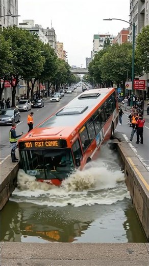🚨 City Bus Packed with Passengers Sinks Into Giant Water Pit #shortvideo #bus #busaccident