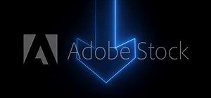 Neon arrow glowing. Directional sign arrow points to the down. Vector sign logo with glowing colors.