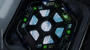 3d render of International Space Station Interior. Narrow corridor of ISS. Interior of ISS module cupola.