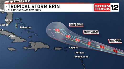Here's the latest forecasted track of Erin. Stay updated by clicking on http://wcti12.com/weather/maps and looking in the HURRICANE SEASON 2025 section. #ecarwx | WCTI StormTrack 12